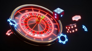 Casino neon background with roulette and chips falling 3d rendering.